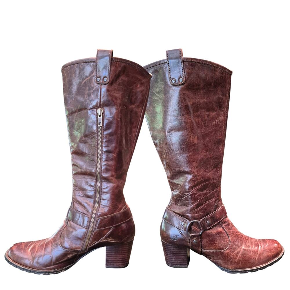 Born Brown Leather Susanne Side Zip Harness Buckle Tall Knee Boots Shoes 6